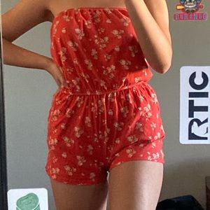 Red flower print romper